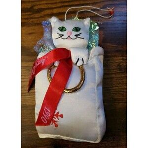 Fancy Feast 1990 Collectible Christmas Ornament White Cat in Bag Russ Kitty